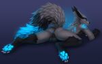  anthro anus balls butt butteredshep canid canine demon fox genitals glowing glowing_eyes glowing_markings glowing_pawpads glowing_tail hi_res kyulix lying male male/male mammal markings pawpads presenting presenting_hindquarters solo 