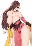  1girl absurdres breasts brown_hair cleavage detached_sleeves fire_emblem fire_emblem_fates hair_ornament hair_over_one_eye highres kagero_(fire_emblem) large_breasts long_hair looking_at_viewer omenion standing thick_thighs thighs white_background 