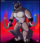  absurd_res anthro balls bandage big_bad_wolf black_eyes bodily_fluids canid canine canis claws death_(puss_in_boots) drooling erection fairy_tales fluffy fur genitals grey_body grey_fur grizzlyboi75 hi_res looking_at_viewer male mammal nipples nude penis pubes pupils red_pupils saliva seductive sharp_claws sharp_teeth smile smiling_at_viewer solo teeth wolf 