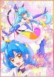  1girl animal_ears bangs black_choker blue_gloves blue_hair braid cat_ears cat_girl choker commentary_request cure_cosmo fur-trimmed_gloves fur_trim gloves hat kamikita_futago long_hair magical_girl mini_hat mini_top_hat multicolored_clothes official_art orange_eyes precure rainbow_skirt smile star_twinkle_precure tail tail_ornament tail_ring top_hat twin_braids yuni_(precure) yuni_(princess_connect!) 