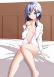  amano_miyako bare_shoulders bed bed_sheet blue_eyes blue_hair breasts collarbone crescent crescent_hair_ornament crescent_pin crossed_legs hair_ornament messy_hair open_clothes open_shirt shirt short_hair short_hair_with_long_locks small_breasts smile white_shirt wooden_wall yayoi_(kancolle) 