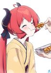  1girl absurdres ahoge black_horns blue_archive blush dango eating food happy highres horns japanese_clothes junko_(blue_archive) junko_(new_year)_(blue_archive) kimono long_hair makicha_(sasurainopink) official_alternate_costume red_hair simple_background solo_focus tears trembling wagashi white_background yellow_kimono 