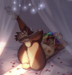  anthro bear bed breasts brown_body brown_fur claws curtains feet female flower_petals fur furniture genitals hair hi_res legs_up looking_at_viewer lying mammal multicolored_hair nipples nude on_back on_bed one_eye_closed pawpads petals pussy rainbow_hair short_tail smile solo spuydjeks tail 