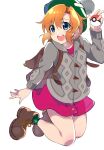  1girl :d absurdres backpack bag bangs blue_eyes boots brown_bag brown_footwear buttons cable_knit cardigan collared_dress commentary_request commission cosplay dress full_body gloria_(pokemon) gloria_(pokemon)_(cosplay) green_headwear green_socks grey_cardigan hair_between_eyes hand_up hat highres higurashi_no_naku_koro_ni holding holding_poke_ball hooded_cardigan long_sleeves looking_to_the_side mashimaro_tabetai open_mouth orange_hair pink_dress pixiv_commission plaid_socks poke_ball poke_ball_(basic) pokemon pokemon_(game) pokemon_swsh ryuuguu_rena smile socks solo tam_o&#039;_shanter teeth transparent_background upper_teeth_only 