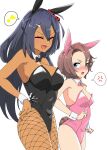  2girls alternate_costume anger_vein animal_ears black_bow black_bowtie black_hair black_leotard blue_eyes bow bowtie breast_envy breasts brown_hair cleavage closed_eyes dark-skinned_female dark_skin detached_collar ear_covers ear_ornament eighth_note fishnet_pantyhose fishnets hair_between_eyes hands_on_hips highres hishi_amazon_(umamusume) horse_ears horse_girl horse_tail leotard long_hair multiple_girls musical_note narita_taishin_(umamusume) nerukichikatafukuma nontraditional_playboy_bunny open_mouth pantyhose pink_bow pink_bowtie pink_leotard short_hair simple_background small_breasts spoken_anger_vein spoken_musical_note tail umamusume white_background wrist_cuffs 