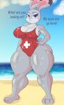  anthro beach big_breasts breasts camel_toe cleavage clothed clothing dialogue disney female hi_res illustratorfake judy_hopps lagomorph leporid lifeguard lifeguard_swimsuit mammal rabbit seaside solo thick_thighs wet wet_body zootopia 