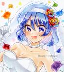  blue_eyes blue_hair breasts bridal_veil bride choker cleavage collarbone dress elbow_gloves flower gloves marker_(medium) medium_breasts medium_hair multicolored_flower nekofish666 rose strapless strapless_dress tenkyuu_chimata touhou traditional_media veil wedding wedding_dress white_choker white_dress white_gloves 