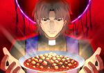  1boy absurdres bangs black_robe brown_eyes brown_hair commentary_request fate/zero fate_(series) food hands_up highres kotomine_kirei male_focus mapo_tofu mishiro_(ixtlolton) parted_bangs parted_lips plate robe smile solo steam thick_eyebrows v-shaped_eyebrows 