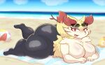  anthro beach big_breasts big_butt braixen breasts butt chest_tuft female generation_6_pokemon hi_res huge_butt illustratorfake lying nintendo nude on_front on_towel pokemon pokemon_(species) seaside solo thick_thighs towel tuft 