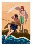  2boys abs angel_devil_(chainsaw_man) angel_wings beach black_hair border brown_eyes brown_hair chainsaw_man copyright_name cup food hair_between_eyes halo hayakawa_aki highres holding holding_cup holding_spoon ht_no9 long_hair looking_to_the_side multiple_boys shadow shaved_ice short_hair shorts sitting spoon standing tongue tongue_out topknot water wet wet_shorts white_border white_wings wings 