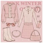  bag boots border bottle collared_shirt commentary earrings english_text fur_collar glass_bottle hairband handbag jacket jewelry long_sleeves muted_color necklace no_humans original pearl_necklace perfume_(cosmetics) perfume_bottle pink-tinted_eyewear pink_bag pink_border pink_hairband pink_jacket pink_skirt pink_theme plaid plaid_jacket plaid_skirt pocket shirt signature skirt sleeve_cuffs striped striped_shirt sunglasses symbol-only_commentary tinted_eyewear white_border white_footwear white_shirt white_trim winter_clothes yayoi_(frp-y) 