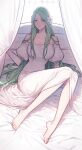  bare_shoulders barefoot bed breasts dress fire_emblem flower green_eyes green_hair hair_flower hair_ornament highres ikarin large_breasts long_hair looking_at_viewer rhea_(fire_emblem) sidelocks very_long_hair white_dress 