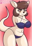  2023 anthro bikini black_nose breasts brown_eyes brown_hair cleavage clothed clothing female glistening glistening_body glistening_hair glistening_legs glistening_tail hair hands_behind_back hi_res jill_(alfa995) kangaroo looking_at_viewer macropod mammal marsupial mature_anthro mature_female navel pouch_(anatomy) smile solo swimwear text thick_thighs unknown_artist wide_hips 