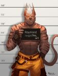  anthro canid canine canis clothed clothing male mammal muscular muscular_anthro muscular_male police prison raymond158 raymond_(raymond158) red_eyes solo striped_body stripes 