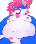  anthro balls belly big_belly blue_body blue_fur blush canid canine canis domestic_dog erection fur genitals hair hi_res humanoid_genitalia humanoid_penis male male/male mammal navel nipples penis pink_hair rufus_iox simple_background small_penis solo tongue tongue_out white_background white_body white_fur 