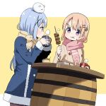  angora_rabbit animal_on_head barbecue black_pantyhose blue_hair blue_vest breath coffee coffee_mug cup fur_coat gochuumon_wa_usagi_desu_ka? hair_ornament hairclip highres hoto_cocoa kafuu_chino light_blue_hair linebarrel long_coat mohei mug on_head orange_hair pantyhose purple_eyes rabbit rabbit_on_head scarf tippy_(gochiusa) vest winter_clothes x_hair_ornament 