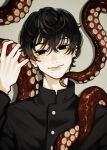  1boy bangs black_hair black_jacket chainsaw_man ear_piercing gakuran grey_background highres jacket kozdoma looking_at_viewer mole mole_under_mouth multiple_piercings octopus_devil_(chainsaw_man) piercing school_uniform short_hair simple_background smile tentacles yoshida_hirofumi 