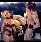  2girls abs absurdres arsonichawt bare_arms bare_legs bare_pectorals biceps black_footwear black_gloves blonde_hair boston_crab breasts cleavage_cutout clothing_cutout commission elbow_gloves gloves high_kick highres kicking large_breasts mma_gloves multiple_girls muscular muscular_female original pectorals pixiv_commission ponytail purple_eyes ryona shorts thighhighs wrestling 