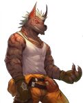  anthro canid canine chain_necklace clothed clothing jewelry looking_at_viewer male mammal muscular muscular_male necklace raymond158 raymond_(raymond158) red_eyes solo striped_body stripes vein veiny_muscles 