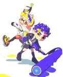  2boys absurdres black_footwear black_socks blonde_hair blue_hair brothers brown_eyes formal highres inkling kani6850 multiple_boys nanba_hibito nanba_mutta necktie paint paint_roller red_necktie shoes shorts siblings simple_background sneakers socks splatoon_(series) suit super_soaker tentacle_hair uchuu_kyoudai white_background 