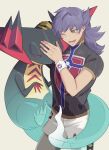  1boy ;d champion_uniform commentary_request dark-skinned_male dark_skin dragapult gloves highres kei_kome leggings leon_(pokemon) long_hair lower_teeth_only male_focus one_eye_closed open_mouth pokemon pokemon_(creature) pokemon_(game) pokemon_swsh purple_hair shield_print shirt short_shorts short_sleeves shorts single_glove smile sword_print teeth white_background white_shorts yellow_eyes 