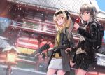  2girls :t animal_print artist_name ashiya_saki backpack bag bangs belt black_coat black_headband black_shorts blonde_hair blue_eyes building candy_apple closed_mouth coat commentary dated day dreadtie dutch_angle eating food grey_coat grey_sweater gun handgun headband headset highres holding holding_food holding_gun holding_weapon lantern long_hair long_sleeves looking_at_viewer miniskirt mole mole_under_eye multiple_girls open_clothes open_coat open_mouth original outdoors shooting_glasses short_hair short_shorts shorts shukugawa_sakura signature skirt snowing standing striped striped_shorts submachine_gun sweater temple textless_version tiger_print turtleneck utility_belt vertical-striped_shorts vertical_stripes weapon weapon_request white_skirt yellow_sweater 