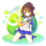  1girl absurdres arle_nadja blue_footwear blue_skirt blush breasts brown_hair carbuncle_(puyopuyo) highres looking_at_viewer medium_breasts offbeat ponytail puyo_(puyopuyo) puyopuyo seiza sitting skirt smile white_background yellow_eyes 