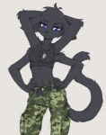  4_arms 5_fingers ahoge anthro arm_tuft belt black_body black_eyebrows black_fur black_hair black_nose blue_eyes bottomwear breasts camo camo_bottomwear camo_clothing camo_pants camo_print clothing cowlick dog_tags elbow_tuft eyebrows eyelashes felid feline female fingers frown fur grey_background hair hands_behind_head hands_on_hips hi_res hybrid inner_ear_fluff looking_at_viewer mammal midriff multi_arm multi_limb navel pants pattern_bottomwear pattern_clothing pattern_pants portrait shirt short_hair simple_background solo standing tank_top three-quarter_portrait tinygaypirate topwear tuft 