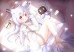  1girl :o ahoge ass bangs barefoot blush bottomless collared_shirt commentary_request dress_shirt full_body grey_hair hair_between_eyes hands_up head_wings hoshimura_himawari indie_virtual_youtuber long_sleeves lying navel off_shoulder on_bed on_side open_clothes open_shirt parted_lips plaid pointy_ears red_eyes renew_vivi shirt sleeves_past_wrists solo virtual_youtuber white_shirt 