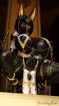  3d_(artwork) absurd_res ankh anthro anubian_jackal anubis big_breasts black_body black_hair black_sclera black_skin bottomwear breasts canid canine canis chain clothing crouching deity digital_media_(artwork) dividebyezer0 egyptian egyptian_mythology female glistening glistening_body gold_(metal) gold_jewelry hair hi_res jackal jewelry loincloth mammal middle_eastern_mythology mythology navel nipples solo yellow_eyes 