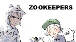  3girls animal_hat bear bird closed_eyes diva_(hyxpk) english_text from_behind hand_puppet hat highres multiple_girls penguin polar_bear puppet seal_(animal) upper_body white_hair zookeeper zookeepers 