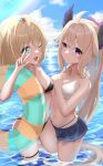  2girls absurdres bangs bikini black_bikini blonde_hair breasts enna_alouette highres long_hair looking_at_viewer millie_parfait multiple_girls navel nijisanji nijisanji_en obanana_(ahap7438) ocean open_mouth short_hair small_breasts stomach swimsuit virtual_youtuber white_bikini 