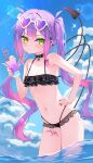  1girl 333shishishi333 absurdres bibi_(tokoyami_towa) bikini black_bikini black_choker blue_sky blush breasts choker cloud colored_inner_hair cup day demon_girl demon_tail ear_piercing eyewear_on_head floating_hair frilled_bikini frills glint green_eyes halterneck hand_on_hip heart heart-shaped_eyewear highres holding holding_cup hololive leg_tattoo long_hair multicolored_hair navel navel_piercing parted_lips piercing pink_hair pointy_ears purple_hair red_nails sidelocks sky small_breasts solo stomach streaked_hair summer swimsuit tail tail_ornament tail_piercing tattoo tokoyami_towa twintails virtual_youtuber wading water 