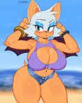  2022 3:4 absurd_res anthro artist_name bat bat_wings beach big_breasts blue_eyes blue_eyeshadow bracelet breasts cleavage clothed clothing eyelashes eyeshadow female hair hi_res jewelry makeup mammal membrane_(anatomy) membranous_wings navel navel_piercing piercing rouge_the_bat seaside sega signature solo sonic_the_hedgehog_(series) tan_body tan_skin thick_thighs white_hair wings xabelha 