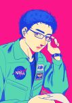  1boy absurdres adjusting_eyewear blue_hair facial_hair glasses highres holding holding_paper jaxa kani6850 long_sleeves looking_at_viewer male_focus nanba_mutta nasa_logo paper pink_background solo stubble uchuu_kyoudai uniform upper_body watch wristwatch 