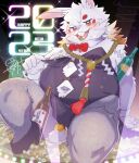  anthro belly blush bulge chinese_zodiac clothed clothing coin erection erection_under_clothing footwear fur high_heels konbu lagomorph leporid male mammal naughty_face navel new_year_2023 overweight playboy_outfit rabbit solo white_body white_fur year_of_the_rabbit 