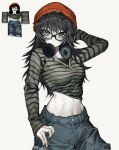  1girl arm_up artist_name beanie black_hair black_nails breasts colored_skin denim glasses hat headphones highres jeans looking_at_viewer mary_felizola midriff navel original pants reference_inset roblox shirt solo striped striped_shirt white_background white_skin 