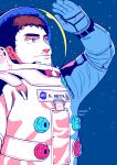  1boy absurdres artist_name black_hair character_name dated facial_hair hand_up highres kani6850 male_focus nanba_mutta nasa_logo outdoors sky spacesuit star_(sky) starry_sky stubble uchuu_kyoudai 