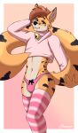  absurd_res anthro bell cheezar clothing collar felid feline fluffy fur girly hi_res highs hoodie legwear looking_at_viewer male male/male mammal panties presenting serval solo stokings submissive tail thigh_highs topwear underwear ych 