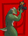  anthro butt fangs female gun horn looking_at_viewer muscular muscular_female nude quake quake_champions ranged_weapon reptile scalie smile smiling_at_viewer solo sorlag teeth weapon 