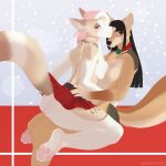  1:1 2022 abstract_background anthro bottomwear breast_squish breasts breasts_frottage canid canine canis christmas clothing coyote domestic_dog duo female female/female green_eyes hi_res holidays looking_at_viewer malani mammal miniskirt mostly_nude noxu pink_eyes reign_(scfiii) skirt squish 