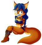  2017 absurd_res angry anthro arms_tied bdsm biped black_nose blue_hair blush bondage boots bottomwear bound boundlightning breasts brown_boots brown_clothing brown_eyes brown_footwear canid canine carmelita_fox cleavage clothed clothing collaboration collar countershade_face countershade_torso countershading crotch_rope damsel damsel_in_distress digital_drawing_(artwork) digital_media_(artwork) duct_tape ear_piercing ear_ring eyelashes feet_tied female footwear fox full-length_portrait fur gag gagged hair hi_res legs_tied mammal markings midriff mole_(marking) navel negieggy orange_body orange_fur orange_tail piercing portrait restraints ring_piercing rope rope_bondage shorts simple_background sitting sly_cooper_(series) solo sony_corporation sony_interactive_entertainment sucker_punch_productions tail tape topwear white_background 