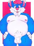 anthro balls belly big_belly blue_body blue_fur canid canine canis domestic_dog fur genitals hair hi_res humanoid_genitalia humanoid_penis male mammal penis pink_hair rufus_iox simple_background slightly_chubby small_penis smile solo white_body white_fur 