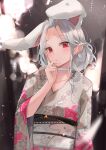  1girl animal_ears bangs blurry blurry_background chinese_zodiac choker closed_mouth collarbone commentary dema_hmw depth_of_field floral_print forehead grey_hair grey_kimono highres japanese_clothes kimono long_sleeves looking_at_viewer obi original parted_bangs print_kimono rabbit_ears red_eyes sash solo white_choker wide_sleeves year_of_the_rabbit 
