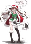  1girl aaoi black_gloves bow bowtie brown_hair cape elbow_gloves fake_facial_hair fake_mustache full_body fur-trimmed_cape fur-trimmed_headwear fur_trim gloves green_shirt hair_between_eyes hair_ribbon hat kantai_collection long_hair looking_at_viewer merry_christmas pelvic_curtain red_bow red_bowtie red_cape red_headwear ribbon sack santa_hat shirt simple_background single_elbow_glove single_thighhigh solo standing thighhighs tone_(kancolle) tone_kai_ni_(kancolle) twintails white_background white_ribbon 