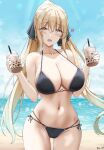  1girl bangs beach bikini black_bikini black_ribbon blonde_hair blush borrowed_character breasts brown_eyes bubble_tea cleavage collarbone commission day hair_ornament hair_ribbon high_ponytail highres keenh large_breasts long_hair looking_at_viewer navel open_mouth original ribbon satou_mayumi_(rc_f) side-tie_bikini_bottom smile solo standing swimsuit 