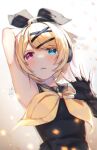  1girl ahoge arm_behind_head arm_up armpits black_bow black_collar black_gloves black_shirt blonde_hair blue_eyes blush bow collar commentary english_commentary fingerless_gloves gloves gradient gradient_background hair_bow hair_ornament hand_up headphones heterochromia highres kagamine_rin light_brown_background light_particles looking_at_viewer neckerchief open_hand parted_lips pink_eyes sailor_collar shirt short_hair sidelocks signature simple_background sleeveless sleeveless_shirt solo tenmuki two-tone_background upper_body vocaloid white_background x_hair_ornament yellow_neckerchief 