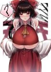 1girl :o ? after_paizuri areola_slip ascot bare_shoulders bow breasts brown_hair collared_shirt crop_top cum detached_sleeves earrings frilled_bow frilled_hair_tubes frilled_shirt_collar frills hair_bow hair_tubes hakama hakama_skirt hakurei_reimu highres huge_breasts japanese_clothes jewelry medium_hair ponytail red_bow red_eyes red_hakama red_shirt red_skirt ribbon-trimmed_sleeves ribbon_trim shirt sidelocks sinkai skirt skirt_set sleeveless sleeveless_shirt solo speech_bubble stray_pubic_hair torii touhou underboob white_sleeves wide_sleeves yellow_ascot 