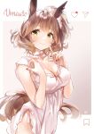  1girl animal_ears artist_name aston_machan_(umamusume) backlighting brand_name_imitation breasts brown_hair collarbone commentary_request detached_collar ear_ornament fingernails green_eyes highres horse_ears horse_girl instagram koji_(kojikojimdw) large_breasts looking_at_viewer pink_background red_hair scrunchie short_hair signature smile solo umamusume 