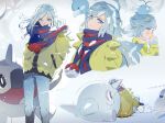  1boy aged_down altaria androgynous blue_eyes blue_hair blue_mittens cetoddle grusha_(pokemon) jacket long_hair long_sleeves looking_at_viewer mittens multiple_views pants pokemon pokemon_(creature) pokemon_(game) pokemon_sv scarf scarf_over_mouth snom striped striped_scarf suou swablu two-tone_scarf yellow_jacket 